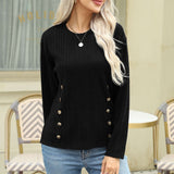 dunnmall Ribbed Button Decor Crew Neck T-Shirt, Casual Long Sleeve Top For Spring & Fall, Women's Clothing