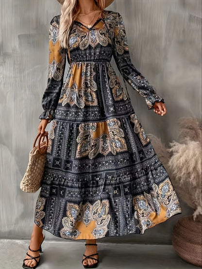 dunnmall  Paisley Print High Waist Dress, Vintage Crew Neck Long Sleeve Maxi Dress, Women's Clothing