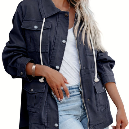 Button Flap Pockets Drawstring Jacket, Casual Long Sleeve Jacket For Fall & Winter, Women's Clothing