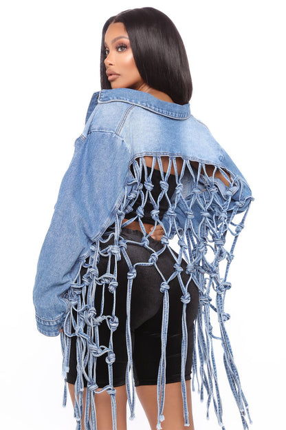 Back Woven Mesh Tassel Hem Denim Jacket, Hollow Out Knotted Cropped Denim Coats, Women's Denim Jackets & Clothing