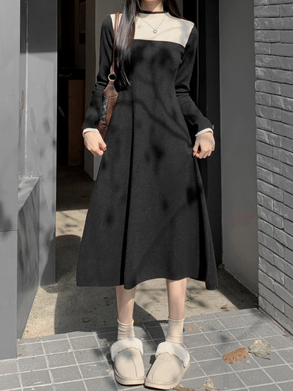 dunnmall  Contrast Trim Midi Dress, Casual Long Sleeve Dress For Spring & Fall, Women's Clothing