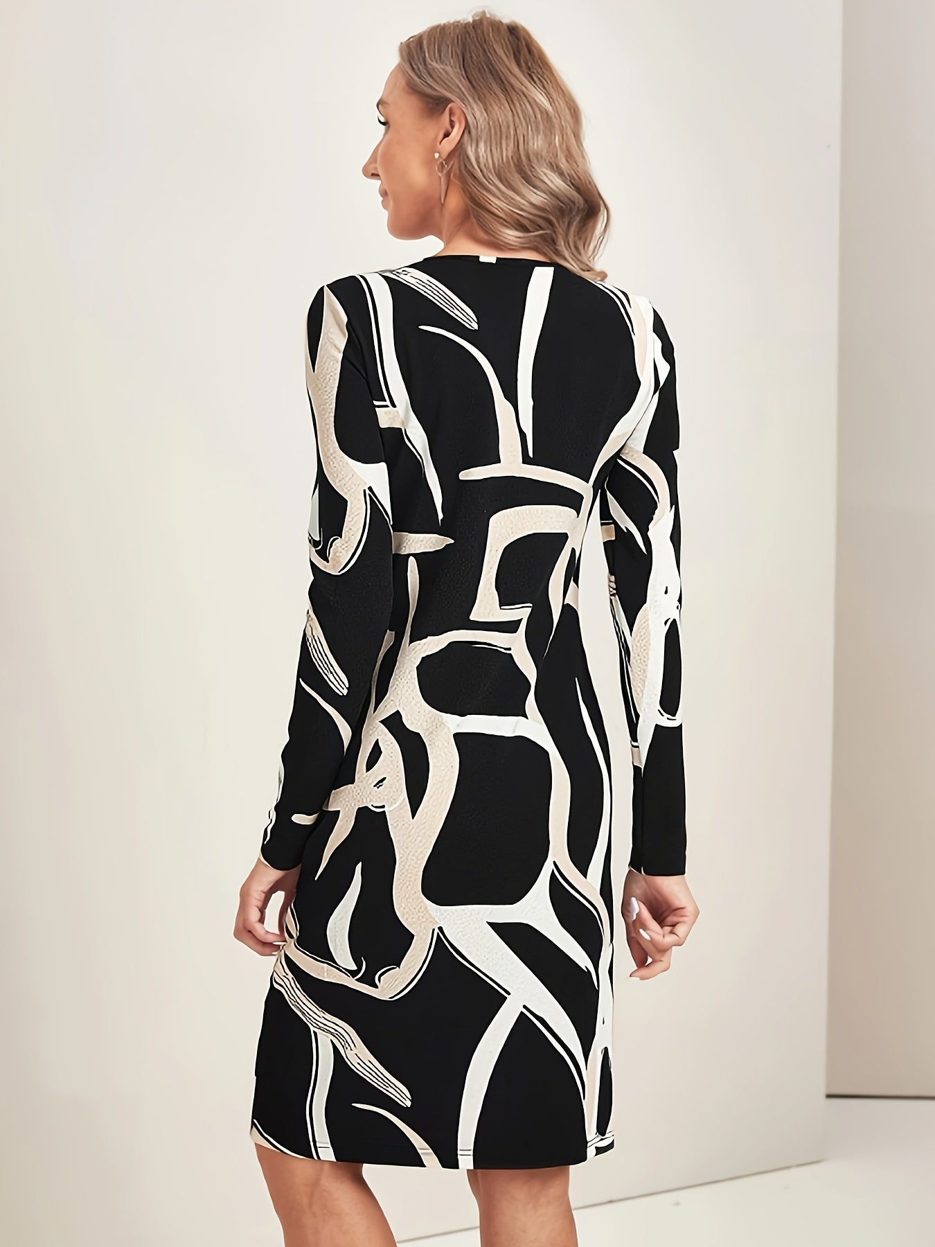 dunnmall Abstract Print Long Sleeve Dress, Casual Crew Neck Slim Dress, Women's Clothing