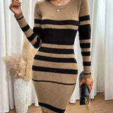 dunnmall Striped Slim Sweater Dresses , Long Sleeve Crew Neck Mini Dress , Women's Clothings