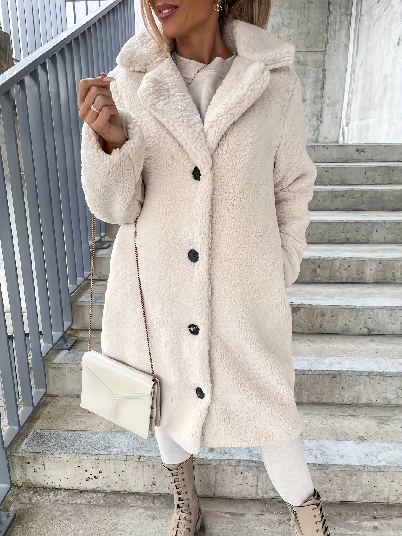 Fuzzy Mid Length Trench Coat, Casual Button Front Long Sleeve Outerwear, Women's Clothing