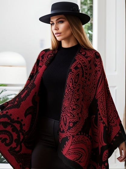 Plus Size Ethnic Style Coat, Women's Plus Tribal Print Batwing Sleeve Open Front Waterfall Collar Shawl Cape Coat