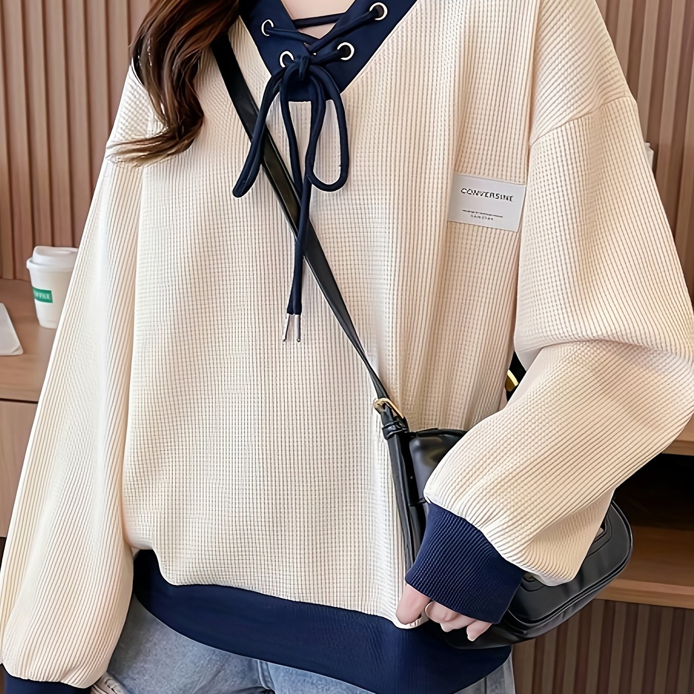 dunnmall  Color Block Lapel Pullover Sweatshirt, Casual Long Sleeve Crisscross Drawstring Sweatshirt For Fall & Winter, Women's Clothing