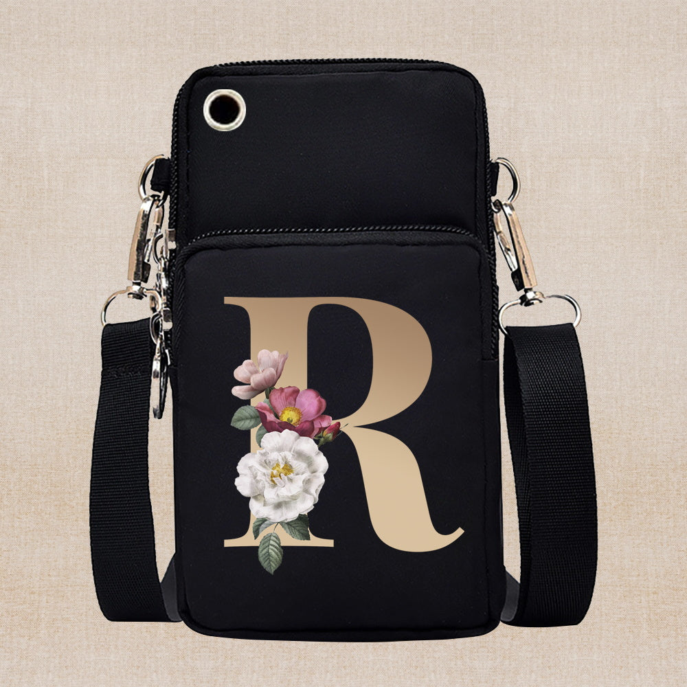 Chic Gold-Lettered Floral Phone Wallet with Versatile Arm/Shoulder Strap – Secure Zippered Casual/Sports Pouch