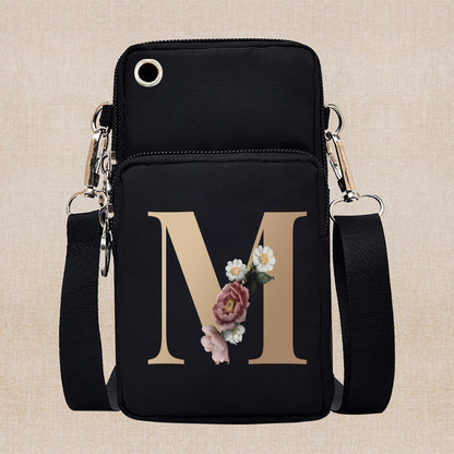 Chic Gold-Lettered Floral Phone Wallet with Versatile Arm/Shoulder Strap – Secure Zippered Casual/Sports Pouch