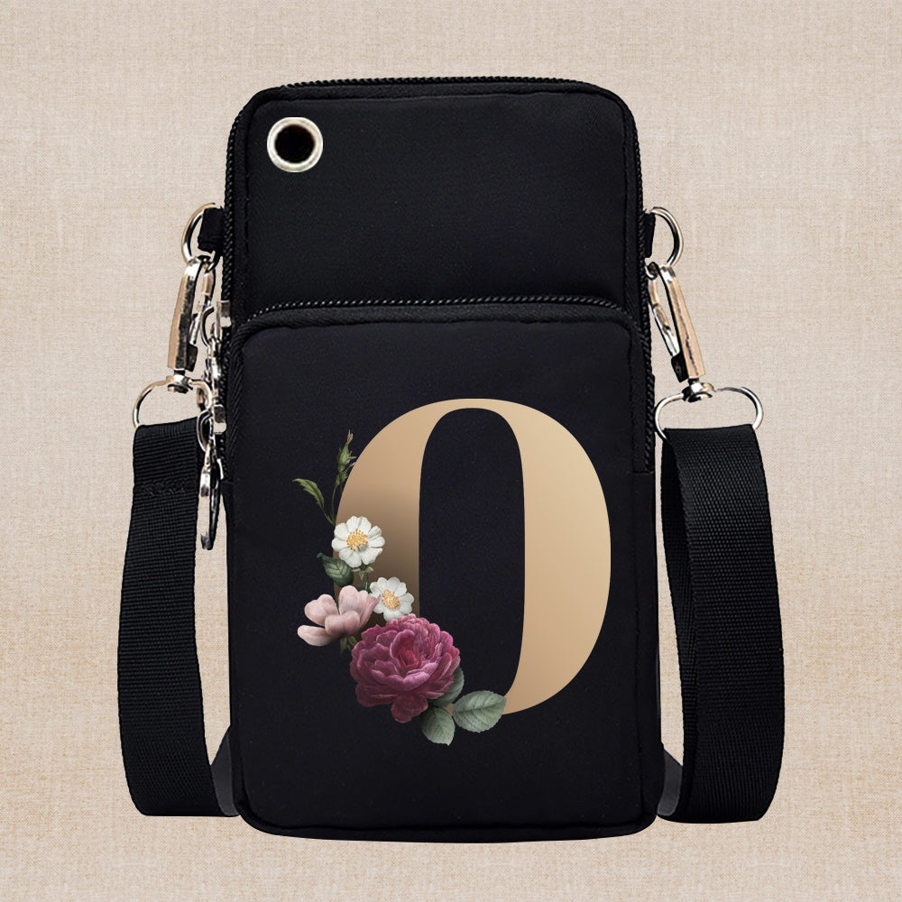 Chic Gold-Lettered Floral Phone Wallet with Versatile Arm/Shoulder Strap – Secure Zippered Casual/Sports Pouch