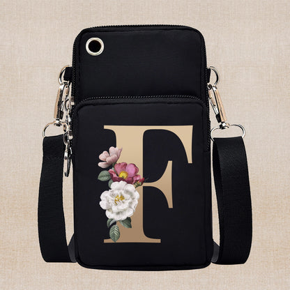 Chic Gold-Lettered Floral Phone Wallet with Versatile Arm/Shoulder Strap – Secure Zippered Casual/Sports Pouch