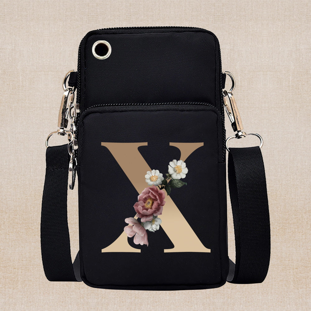 Chic Gold-Lettered Floral Phone Wallet with Versatile Arm/Shoulder Strap – Secure Zippered Casual/Sports Pouch