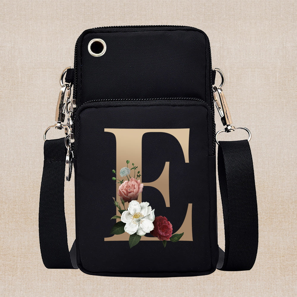 Chic Gold-Lettered Floral Phone Wallet with Versatile Arm/Shoulder Strap – Secure Zippered Casual/Sports Pouch