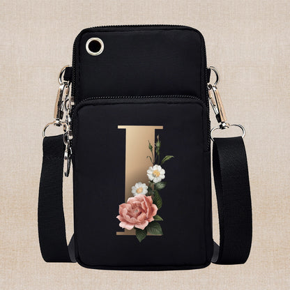 Chic Gold-Lettered Floral Phone Wallet with Versatile Arm/Shoulder Strap – Secure Zippered Casual/Sports Pouch