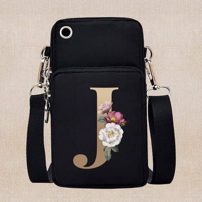 Chic Gold-Lettered Floral Phone Wallet with Versatile Arm/Shoulder Strap – Secure Zippered Casual/Sports Pouch