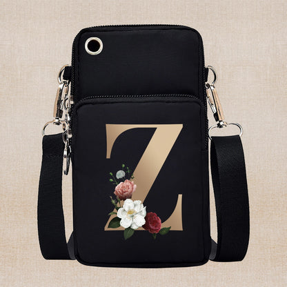 Chic Gold-Lettered Floral Phone Wallet with Versatile Arm/Shoulder Strap – Secure Zippered Casual/Sports Pouch