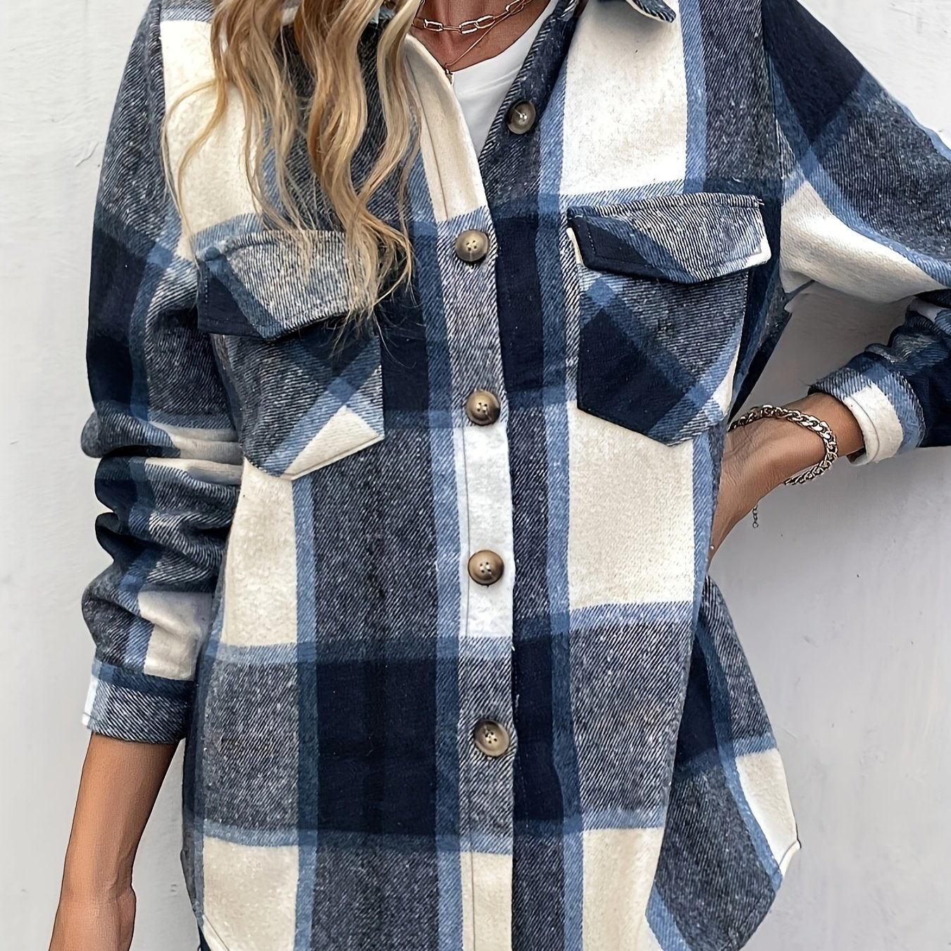 dunnmall  Plaid Button Front Jacket, Casual Lapel Long Sleeve Outwear, Women's Clothing