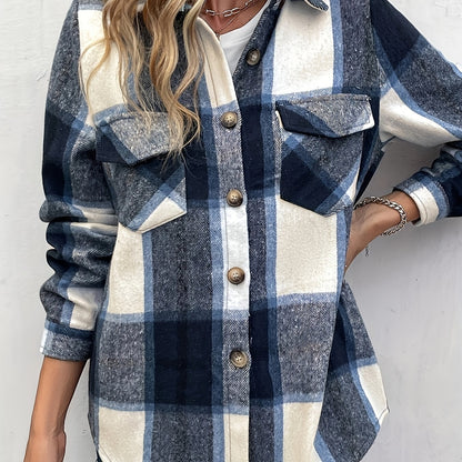 dunnmall  Plaid Button Front Jacket, Casual Lapel Long Sleeve Outwear, Women's Clothing