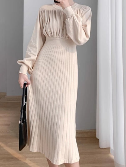 Ruched Half Button Dress, Casual Long Sleeve Ribbed Midi Dress, Women's Clothing