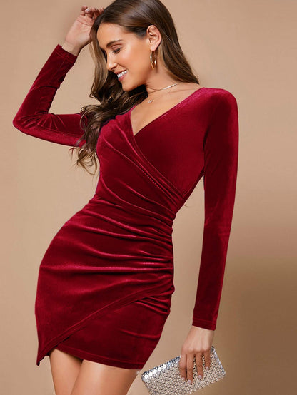 dunnmall  Ruched V Neck Dress, Elegant Wrap Bodycon Long Sleeve Dress, Women's Clothing