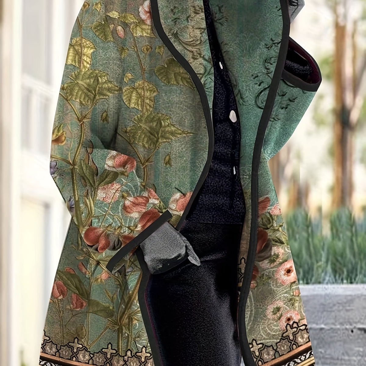 dunnmall  Floral Pattern Hooded Coat, Vintage Open Front Long Sleeve Outerwear, Women's Clothing