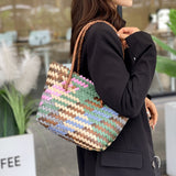 dunnmall  Trendy Contrast Color Woven Tote Bag, Portable Gift Basket, Perfect Casual Handbag For Leisure Travel And Daily Use