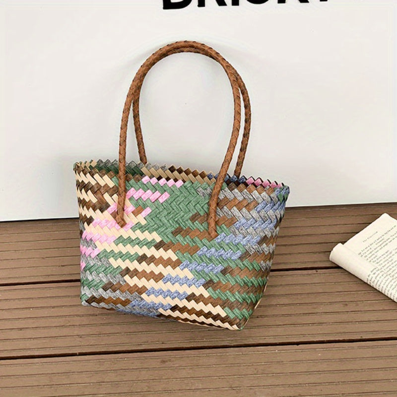 dunnmall  Trendy Contrast Color Woven Tote Bag, Portable Gift Basket, Perfect Casual Handbag For Leisure Travel And Daily Use