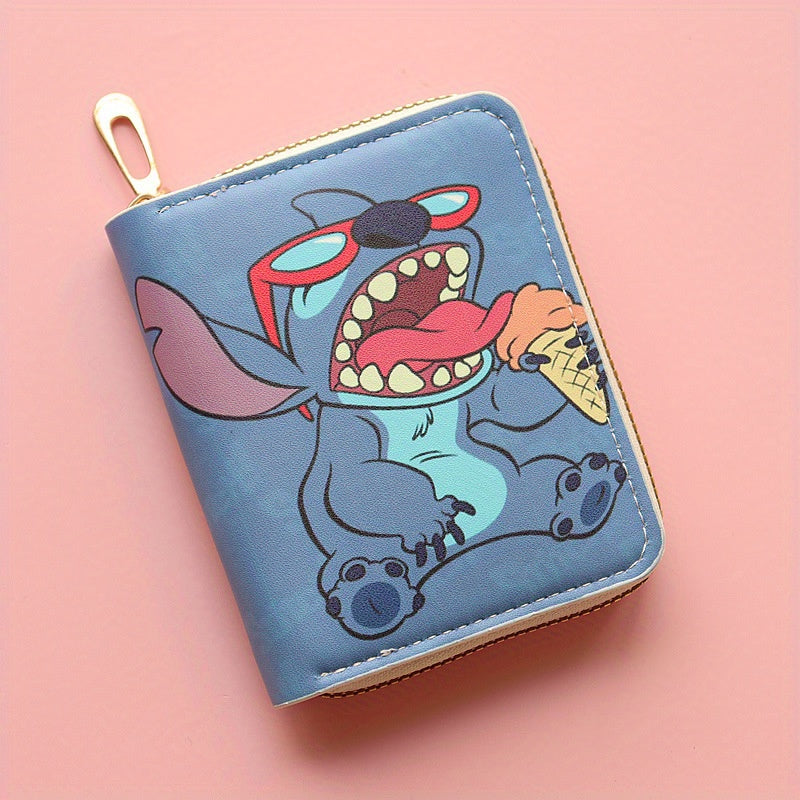 Disney Stitch Enchanting Wallet - Compact Zip-Up Coin Purse with Colorful Cartoon Print, Mini PU Leather Card Holder for Disney Fans