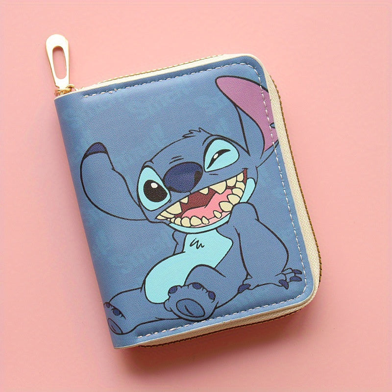 Disney Stitch Enchanting Wallet - Compact Zip-Up Coin Purse with Colorful Cartoon Print, Mini PU Leather Card Holder for Disney Fans