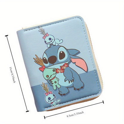 Disney Stitch Enchanting Wallet - Compact Zip-Up Coin Purse with Colorful Cartoon Print, Mini PU Leather Card Holder for Disney Fans