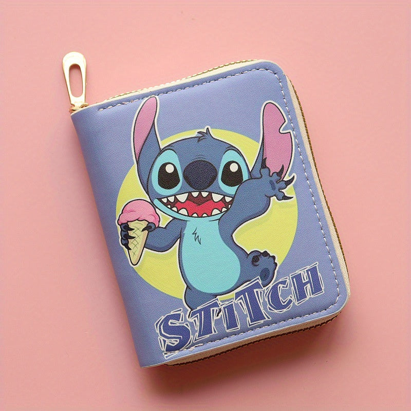 Disney Stitch Enchanting Wallet - Compact Zip-Up Coin Purse with Colorful Cartoon Print, Mini PU Leather Card Holder for Disney Fans