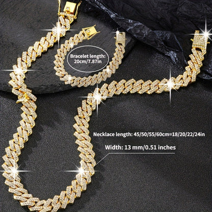 Rhinestone Cuban Link Jewelry Set - For Him and Her, Edgy, Bold, and Statement-Making, Retro-Inspired, Trendy, and Fashionable, High-Quality, Durable, and Premium - Birthstone for September Born Individuals, Perfect Present for Friends, Family, and Loved