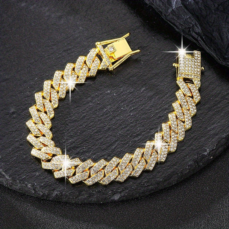 Rhinestone Cuban Link Jewelry Set - For Him and Her, Edgy, Bold, and Statement-Making, Retro-Inspired, Trendy, and Fashionable, High-Quality, Durable, and Premium - Birthstone for September Born Individuals, Perfect Present for Friends, Family, and Loved