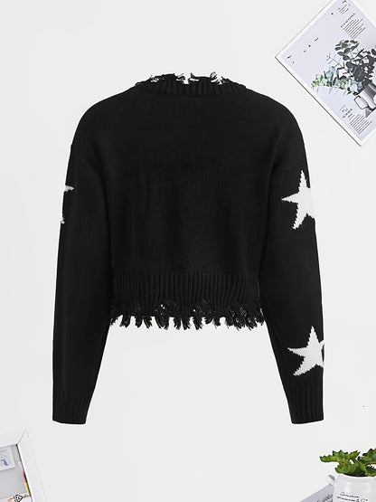 dunnmall  Girls Knitwear Stars Jacquard Casual Long Sleeve Knit Sweater