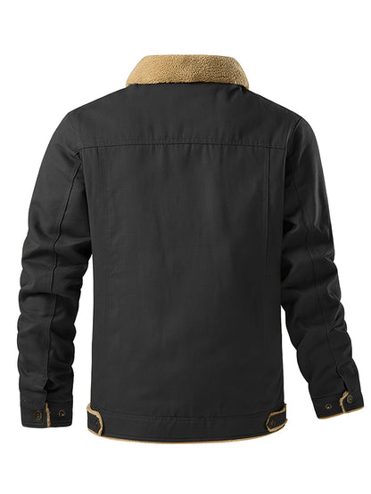 Men's Stylish Fleece-Lined Cotton Jacket with Sherpa Collar - Casual Workwear, Button-Up, Multiple Pockets, Machine Washable - Perfect for Fall/Winter, PLUS SIZE