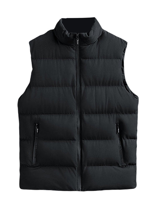 Men's Sleeveless Puffer Vest - Solid Color, Stand Collar, Quilted Waistcoat for Fall & Winter | Casual Outdoor Streetwear with Zip Detail, Machine Washable, PLUS SIZE