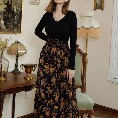 Women's Dresses Knitted Long-sleeve Paneled Floral Swing Dresses