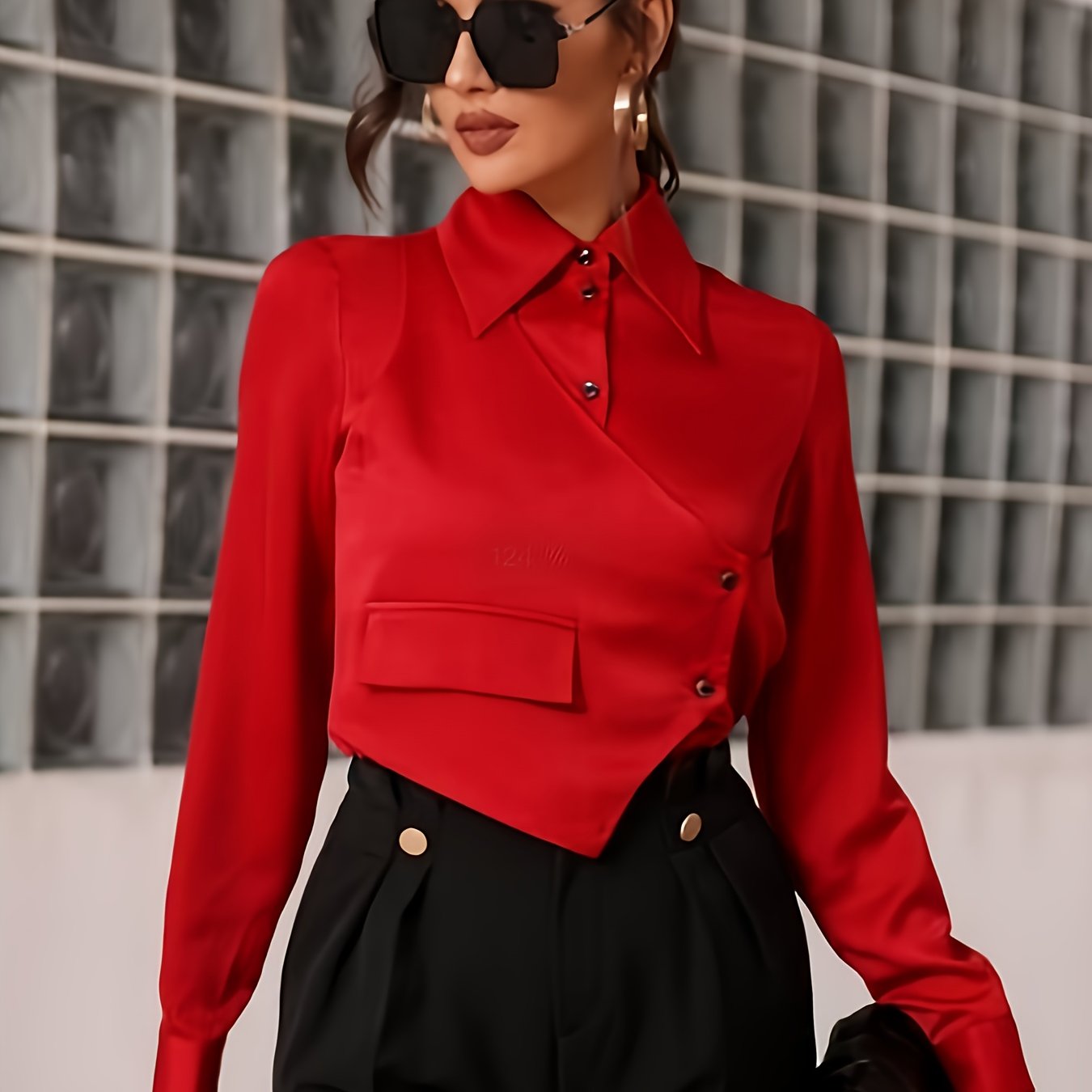 dunnmall  Button Front Asymmetric Crop Blouse, Stylish Long Sleeve Lapel Blouse For Spring & Fall, Women's Clothing