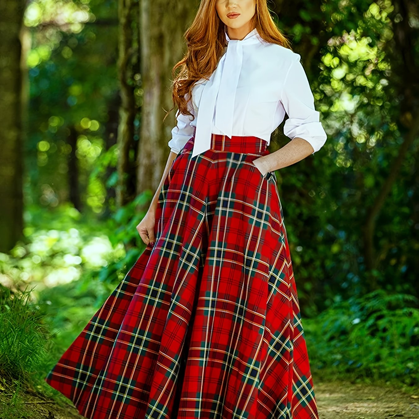 dunnmall  Plus Size Preppy Skirt, Women's Plus Plaid Print Elastic Waisted A-line Swing Skirt With Pockets