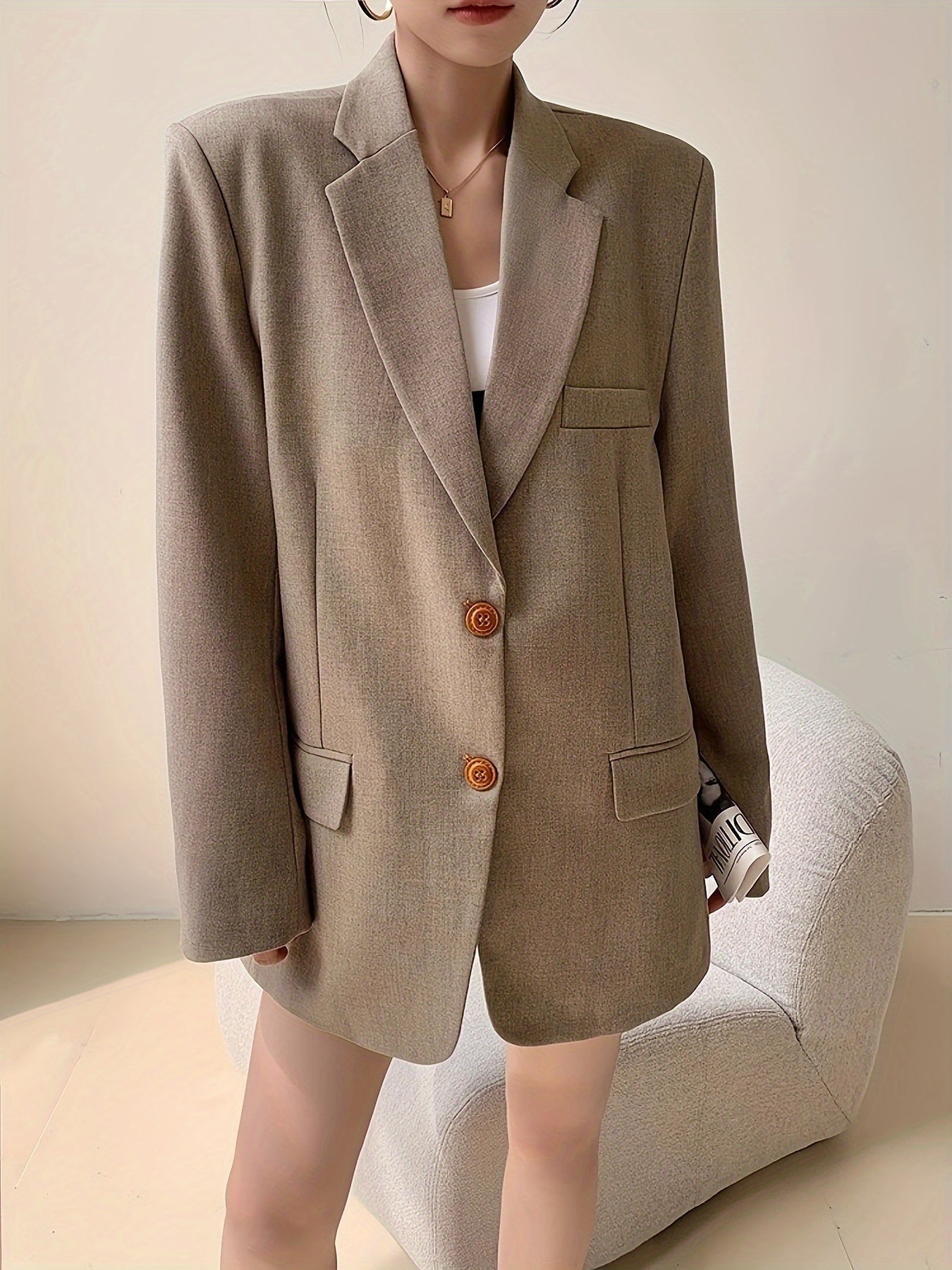 dunnmall  Solid Single Breasted Lapel Blazer, Vintage Long Sleeve Outwear For Office & Work, Women's Clothing