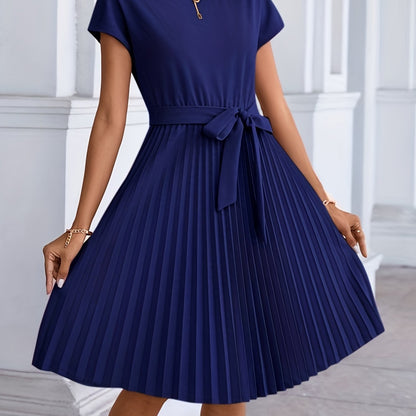 dunnmall  Pleated Tie Front Dress, Casual Solid Short Sleeve Dress For Spring & Summer, Women's Clothing