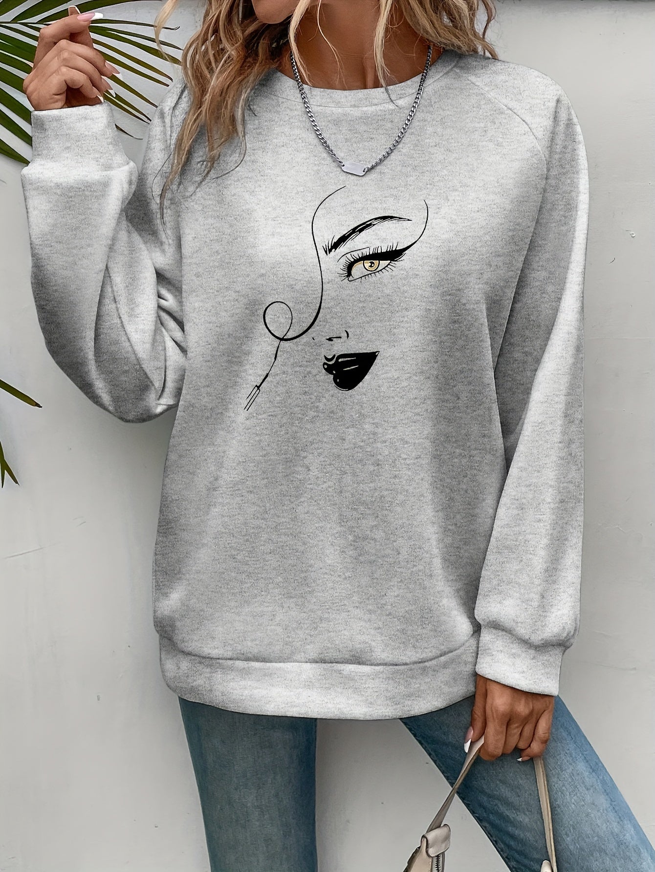 dunnmall  Graphic Print Pullover Sweatshirt, Casual Long Sleeve Crew Neck Sweatshirt For Spring & Fall, Women's Clothing