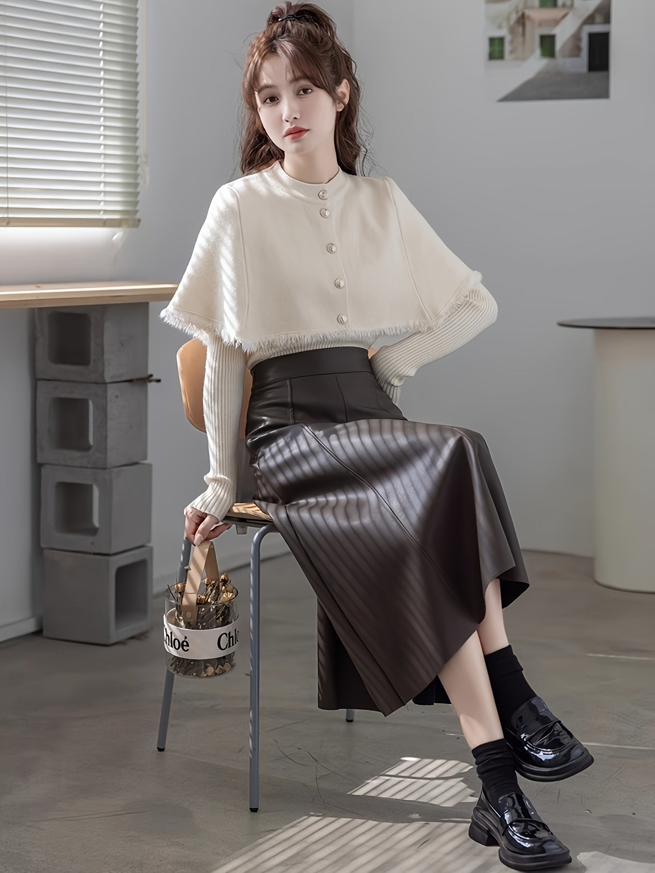 Faux Leather Solid Flared Skirt, Elegant High Waist Ruffle Hem Midi Skirt, Women's Clothing