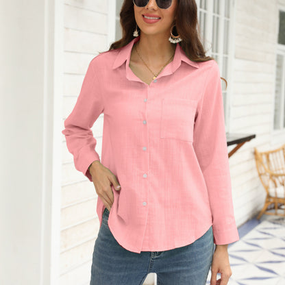 Long Sleeve Button Up Shirt, Pocket Casual Every Day Top For Spring & Fall, Women's Clothing