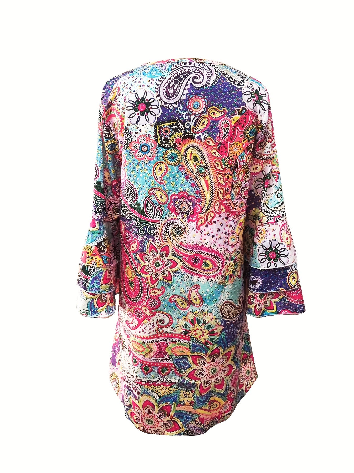 Paisley Print Layered Dress, Vacation V Neck Flared Sleeve Dress, Women's Clothing