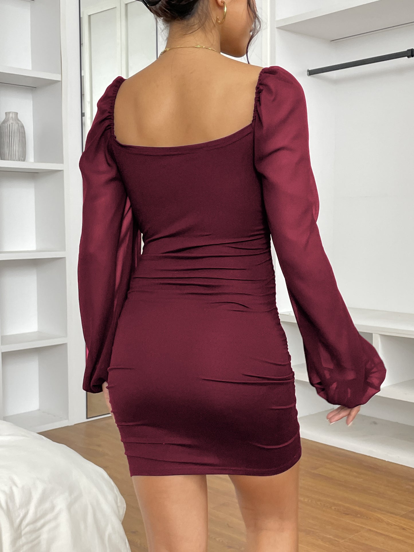 Squared Neck Mesh Long Sleeve Dress, Solid Elegant Bodycon Mini Dress, Women's Clothing