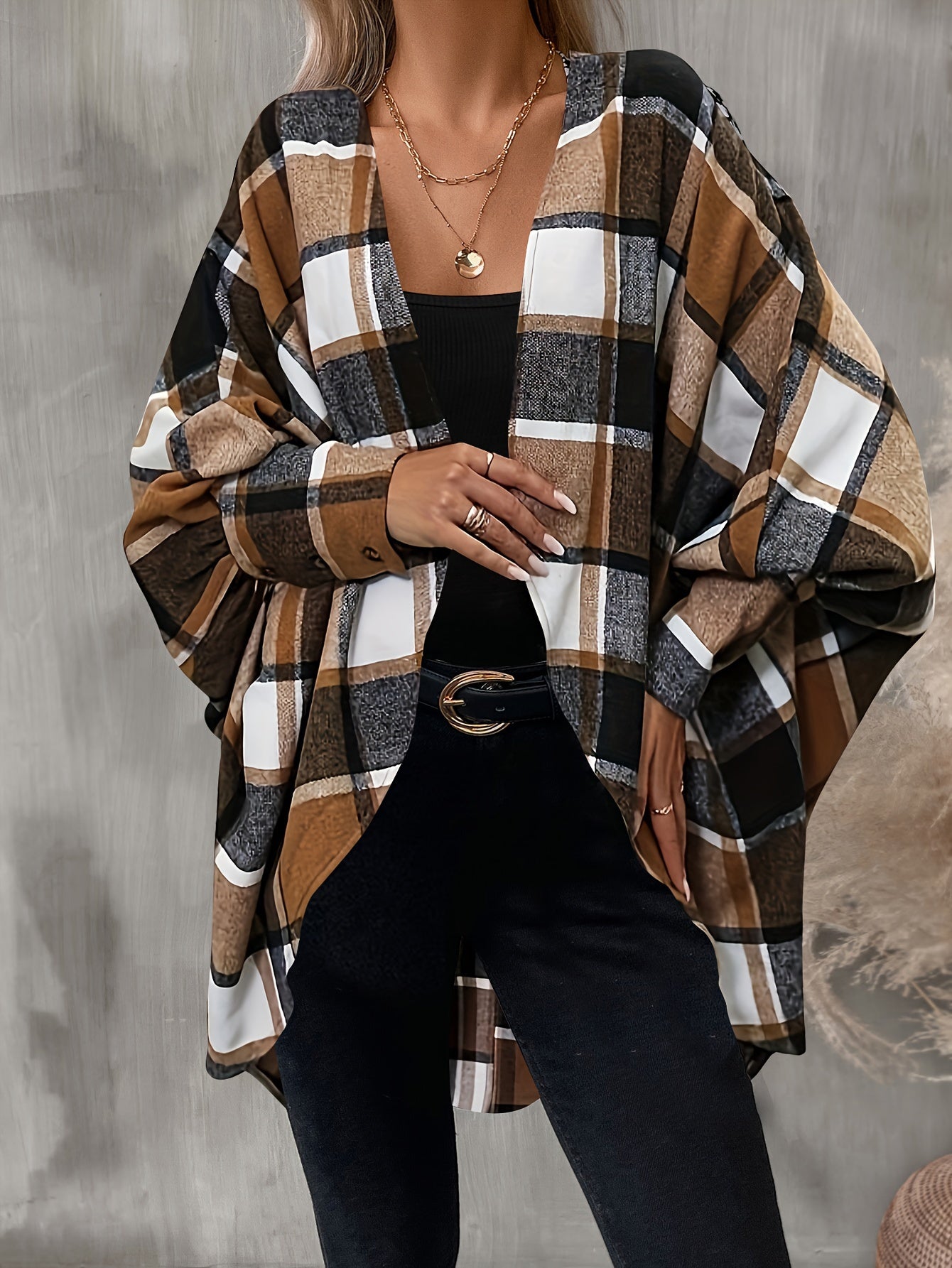 dunnmall  Plaid Print Open Front Cardigan, Batwing Cuff Sleeve Dipped Hem Cardigan For Spring & Fall, Women's Clothing