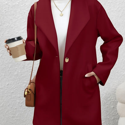 Solid One Button Overcoat, Casual Long Sleeve Outerwear With Pockets, Women's Clothing