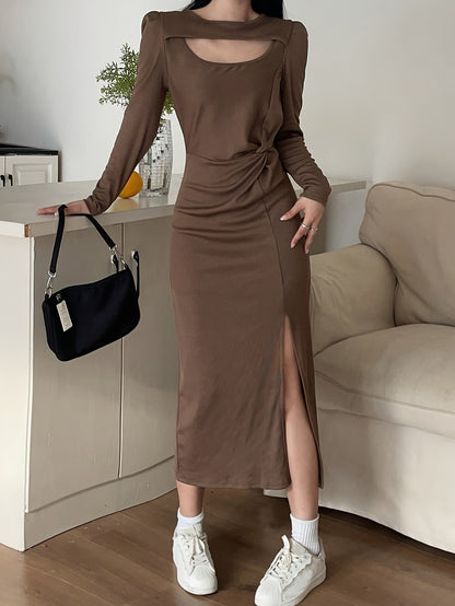 dunnmall  Cut Out Knot Front Split Hem Dress, Elegant Long Sleeve Slim Solid Dress For Spring & Fall, Women's Clothing