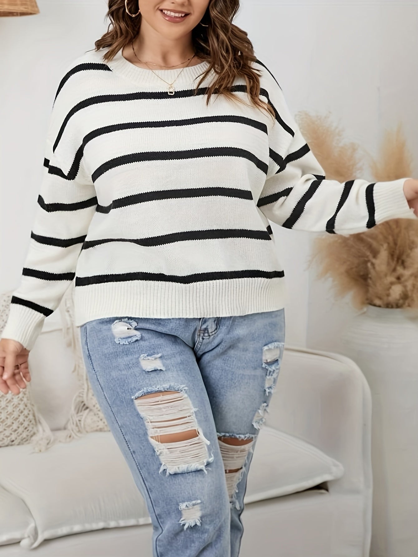 dunnmall  Striped Crew Neck Pullover Sweater, Casual Long Sleeve Sweater, Women's Clothing