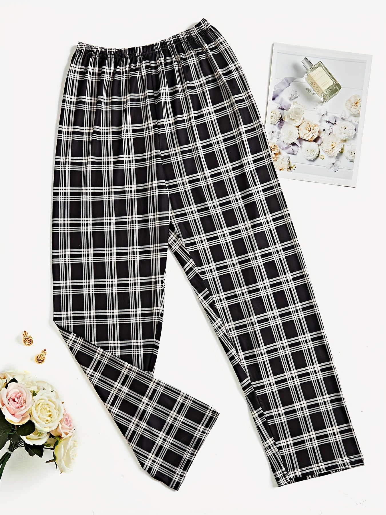 dunnmall  Colorblock Plaid Sleep Bottoms, Casual Comfy Elastic Waistband Lounge Pants, Womens Loungewear & Sleepwear